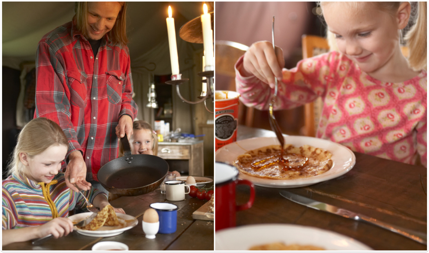 Dégustation des crêpes en famille à la terrasse d'un écolodge de la ferme