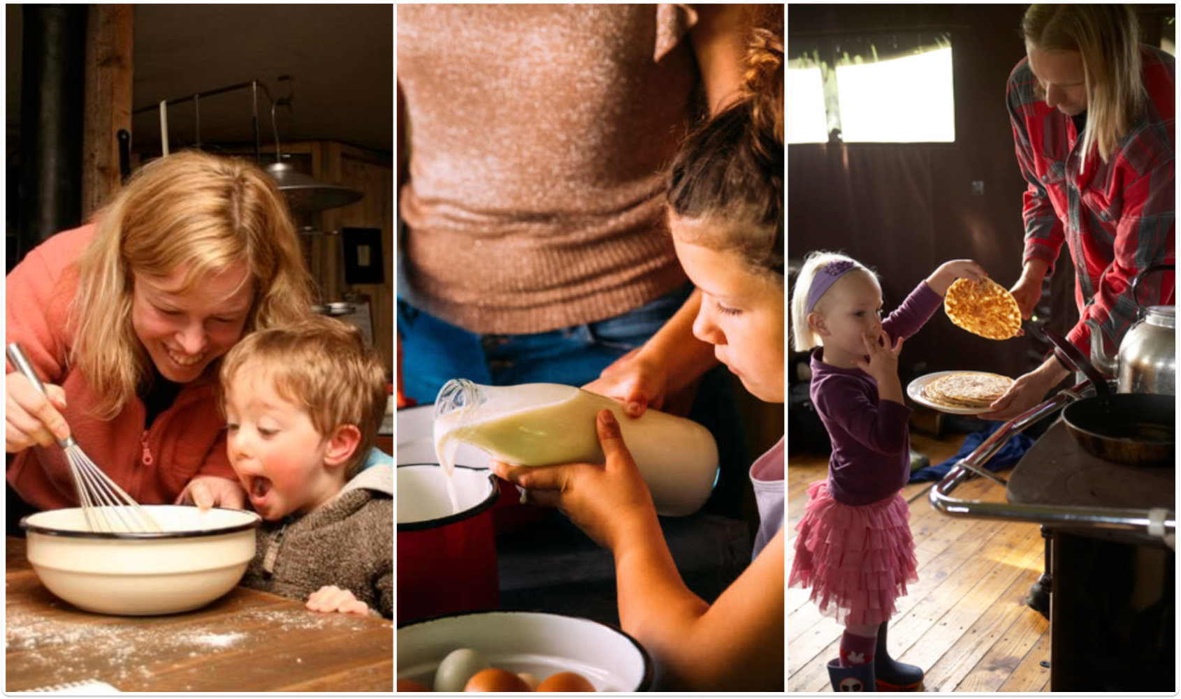 Préparation des crêpes en famille dans un écolodge à la ferme