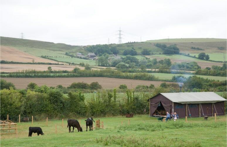 Vue sur le champs d'une ferme avec une tente pour du glamping